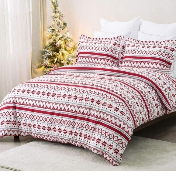 Bedsure Red/White/Gray Fair Isle print Full/Queen Duvet Cover Set NIP - Picture 1 of 5